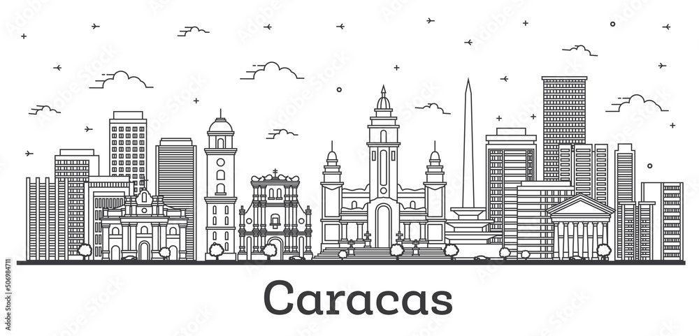 Outline Caracas Venezuela City Skyline with Modern and Historic Buildings Isolated on White.