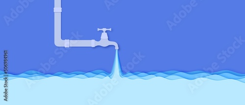 Faucet from which water flows in paper cut style. Flowing liquid and waves in blue papercut art. Water pipe with tap valve. Save the Water ecological poster. Environment card template. Vector card