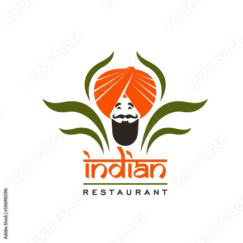 Indian restaurant vector icon of chef with orange turban, black mustache and beard, spice and herb leaves. Arabian restaurant, Indian cuisine cafe or ethnic bar isolated symbol with cooking guru