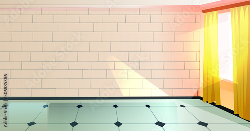 Empty room background, large light apartment interior with decorative brick wall decor, tiled floor and window with yellow curtains. Abstract studio, office, kitchen indoor Cartoon vector illustration