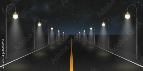 Night road with street lamps perspective view. Empty highway with glowing lanterns under dark starry sky. Megapolis infrastructure with modern illumination Realistic 3d vector illustration, background