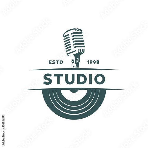Music logo templates. Music microphone and vinyl record vector design. Turntable illustration