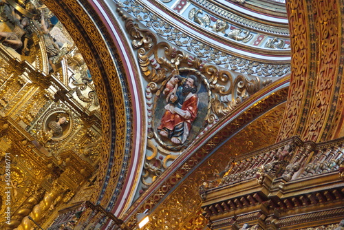 Ceiling with gold leaf and bas relief decorations in the Church of La Compania in the Old Town, Quito, Ecuador