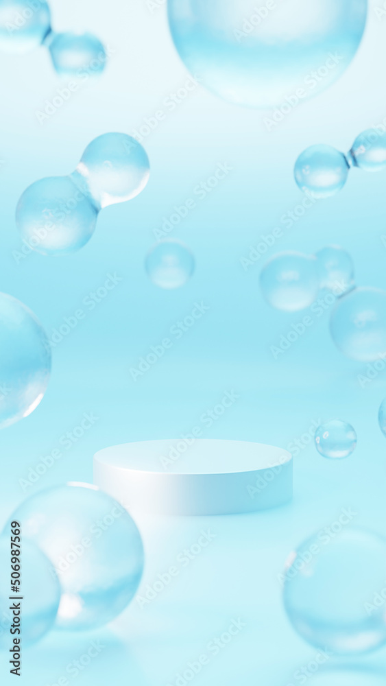 水のような抽象的な物体が複数ある空間。白い円柱の台座。無色な水（縦長）