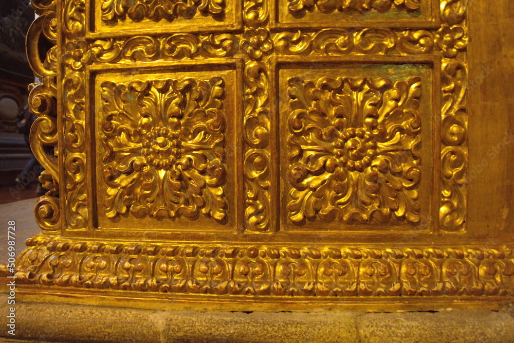Architectural detail covered in gold leaf in the Church of La Compania in the Old Town, Quito, Ecuador