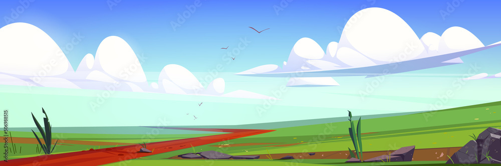 Fototapeta premium Meadows, fields with green grass and road. Vector cartoon illustration of summer or spring rural landscape, countryside scene of pasture with plants, path and stones