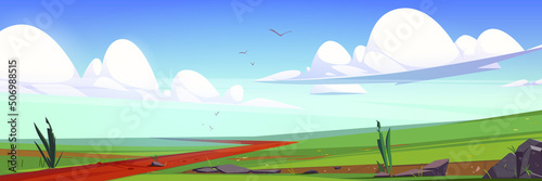 Meadows, fields with green grass and road. Vector cartoon illustration of summer or spring rural landscape, countryside scene of pasture with plants, path and stones