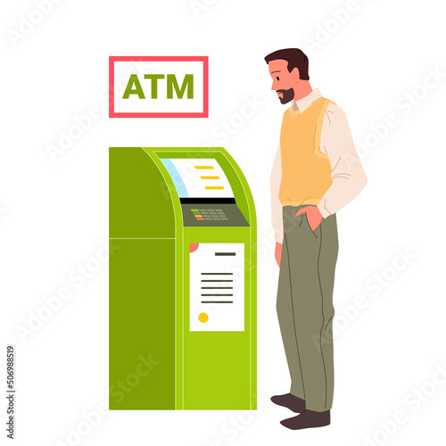 Man using ATM to pay or withdraw cash money vector illustration. Cartoon young male character with beard and casual clothes waiting near automatic machine, looking on monitor isolated on white
