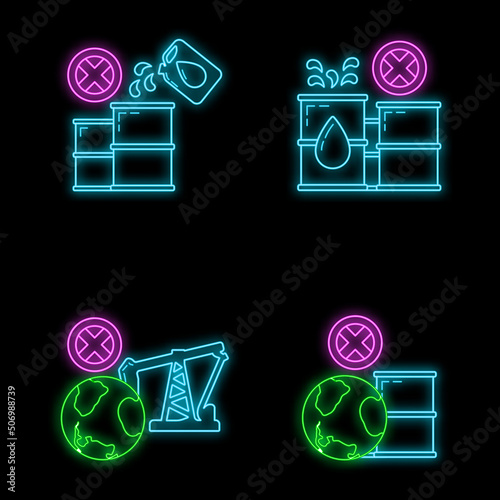 Stop use barrel oil industry, world oil pollution by petroleum concept icon, green eco earth glow neon flat vector illustration, isolated on white.