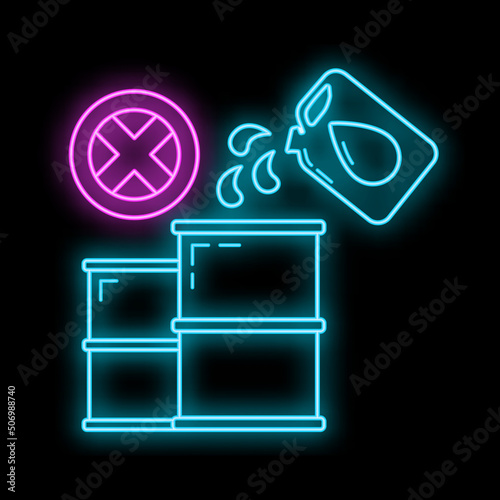 Stop use barrel oil industry, world oil pollution by petroleum concept icon, green eco earth glow neon flat vector illustration, isolated on white.