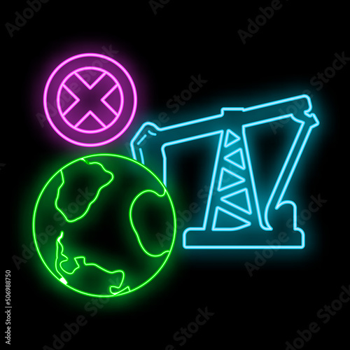 Stop use barrel oil industry, world oil pollution by petroleum concept icon, green eco earth glow neon flat vector illustration, isolated on white.