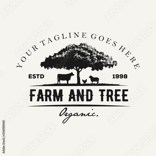 illustration of oak tree with animal farm vintage style logo premium vector