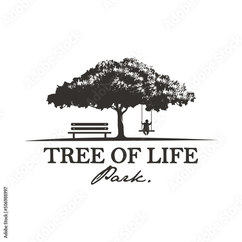 vintage logo oak tree with Child Swing Playground Tree vector illustration logo design