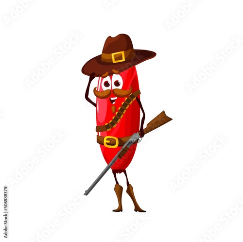 Cartoon barberry ranger character, berry cowboy personage with hat and rifle. Vector berberis robber, hunter or gangster, funny berberry garden plant bandit, isolated western adventurer hero