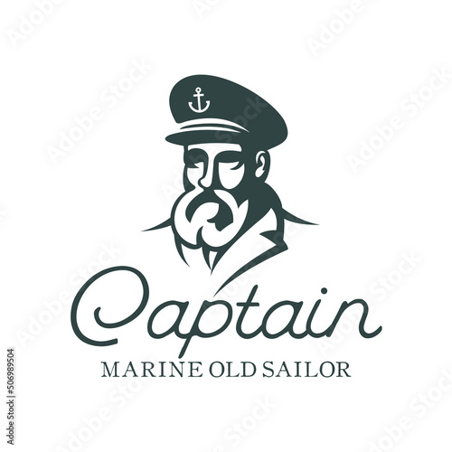 Bearded ship captain or skipper with a pipe and peaked cap for marine nautical logo design for sailor
