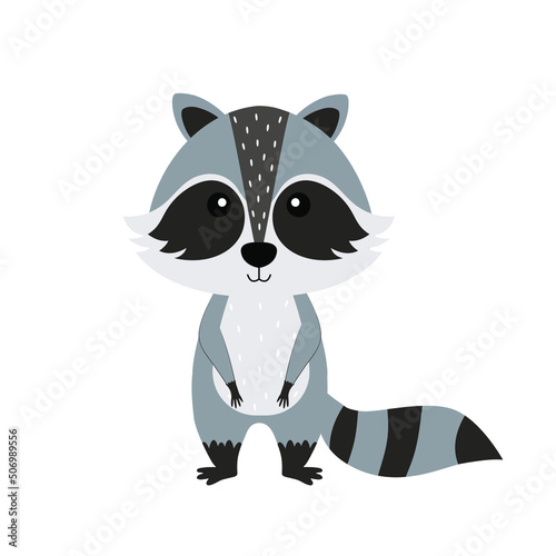 Cartoon character raccoon on white background. Raccoon icon. Vector illustration for design and print