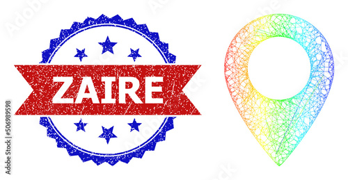 Mesh net map sign frame icon with spectral gradient, and bicolor grunge Zaire seal. Red stamp seal includes Zaire text inside blue rosette. Colorful carcass mesh map sign icon.