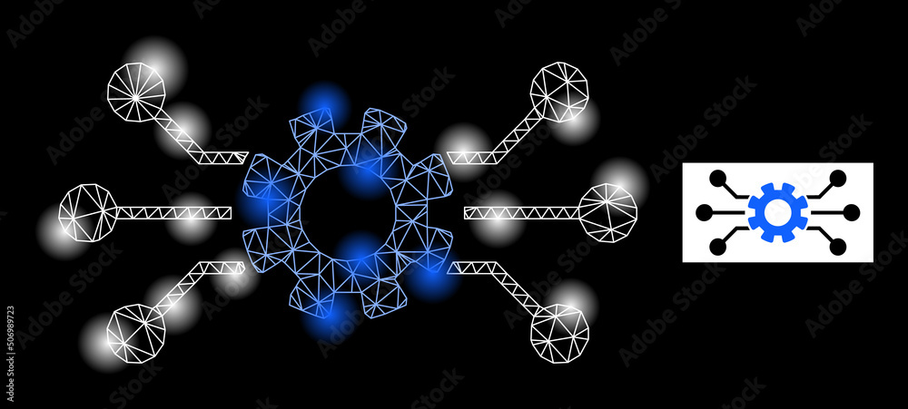 Bright network circuit gear glare icon with lightspots. Illuminated vector model based on circuit gear icon. Sparkle frame mesh circuit gear on a black background.