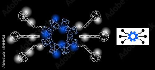 Bright network circuit gear glare icon with lightspots. Illuminated vector model based on circuit gear icon. Sparkle frame mesh circuit gear on a black background. photo