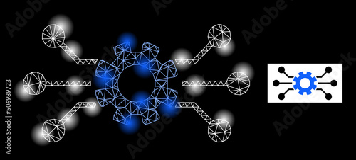 Bright network circuit gear glare icon with lightspots. Illuminated vector model based on circuit gear icon. Sparkle frame mesh circuit gear on a black background.