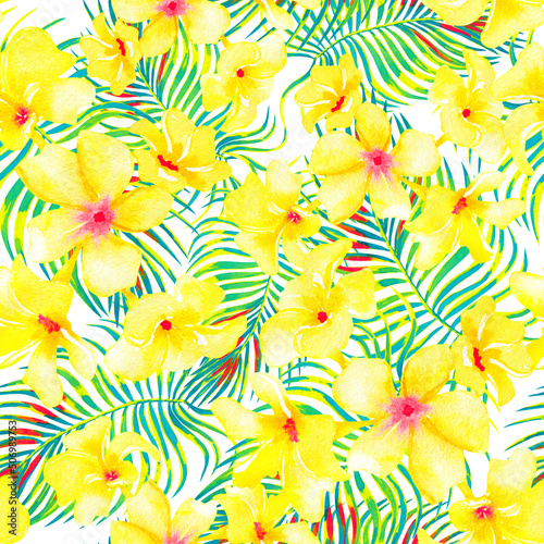 Summer yellow exotic flowers and palm leaves seamless watercolor pattern