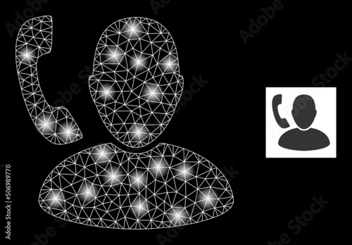 Bright network call manager constellation icon with lightspots. Illuminated vector constellation based on call manager icon. Sparkle carcass mesh call manager on a black background.