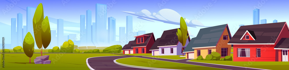 Suburb district with houses, road and city buildings on skyline in summer. Vector cartoon illustration of green landscape of suburban street with cottages, trees, bushes and grass - obrazy, fototapety, plakaty 