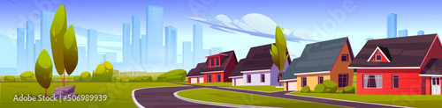 Suburb district with houses, road and city buildings on skyline in summer. Vector cartoon illustration of green landscape of suburban street with cottages, trees, bushes and grass