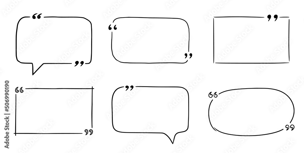 Fototapeta premium Quote box sketch, text frame set. Hand drawn scribble doodle style quote box, text border with square, speech bubble, cloud shape. Vector illustration.