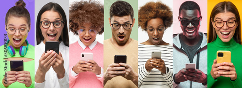 Collage of diverse shocked people looking at phones with wow expression photo