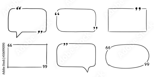 Quote box sketch, text frame set. Hand drawn scribble doodle style quote box, text border with square, speech bubble, cloud shape. Vector illustration.