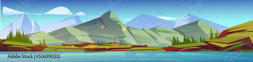 Summer landscape with river, mountains and forest. Vector cartoon illustration of scandinavian nature scene with lake, green grass, firs and rocks on horizon