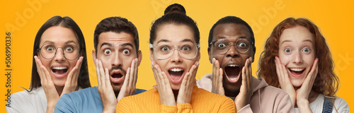 Group of diverse surprised people with wow and shock face expression