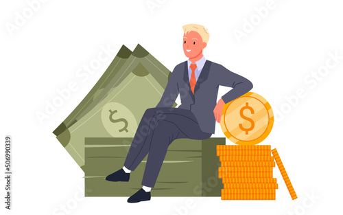 Rich businessman sitting on heap of gold dollar coins and currency vector illustration. Cartoon successful man millionaire in suit relaxing in money isolated on white. Financial prosperity concept