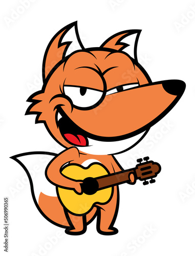 Cartoon illustration of Fox singing while playing guitar, best for sticker, mascot, logo, t-shirt design, and decoration with animal themes for kids