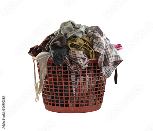 Unwashed laundry basket is placed on a white background.