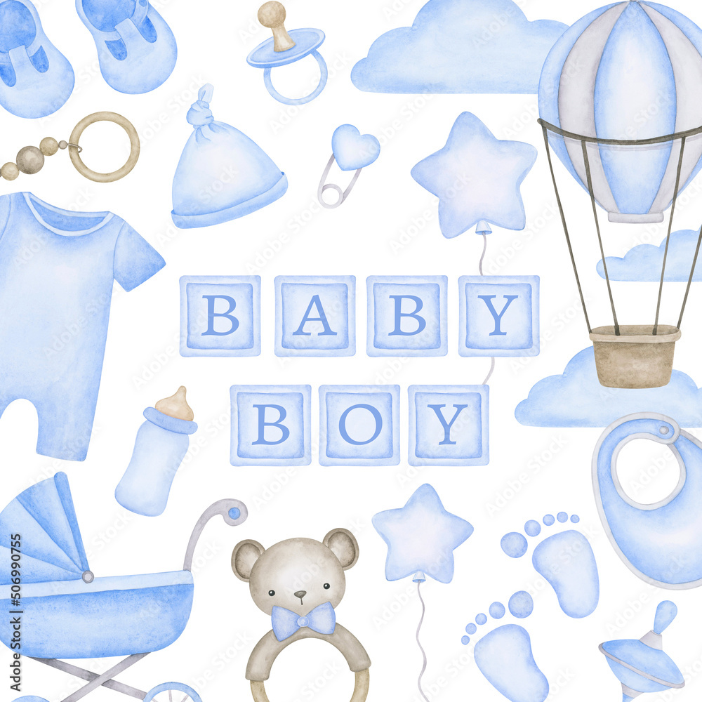 Baby boy birthday greeting card watercolor elements design template.  Nursery boy baby shower invitation template. Bitrhday boy background.  Stock-illustration | Adobe Stock