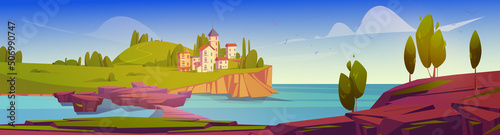 Summer landscape with sea harbor, city on island and wooden bridge over strait. Vector cartoon illustration of mediterranean town on sea coast, old wood pier, stones, green grass and trees