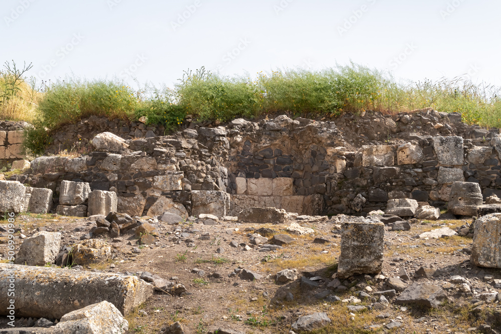 The ruins  of a 4th century AD synagogue located near on Mount Arbel, located on the coast of Lake Kinneret - the Sea of Galilee, near the city of Tiberias, in northern Israel