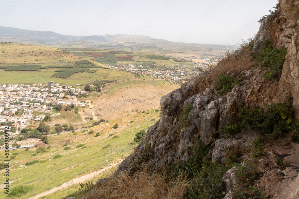 View  from Mount Arbel to the adjacent valley on the coast of Lake Kinneret - the Sea of Galilee, near the city of Tiberias, in northern Israel