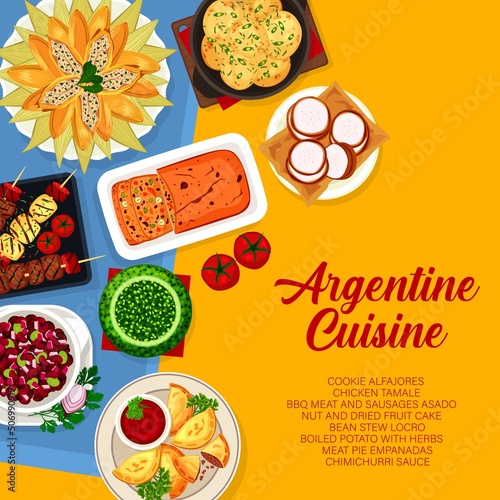 Argentina food menu cover, Argentine cuisine dishes and meals, vector. Argentinian restaurant lunch and dinner poster with empanadas, BBQ grill and meat pie, bean stew, chicken tamale and chimichurri