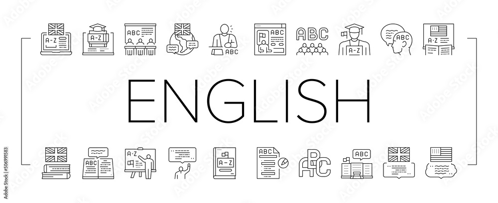 English Language Learn At School Icons Set Vector English Language Learn At School Icons Set Vector
