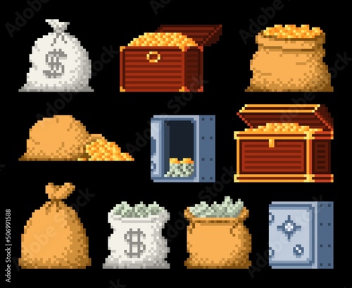 8 bit pixel money bag, golden coins, treasure chest and vault, vector game asset. Pixel art icons of gold bag and dollar cash in bank vault, cartoon golden coins treasure for 8bit arcade game
