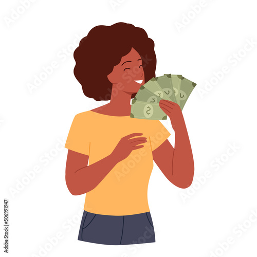 Happy rich girl holding fan of dollar banknotes vector illustration. Cartoon pretty cheerful woman celebrating with smile and cash money in hand isolated on white. Savings, payment, lottery concept