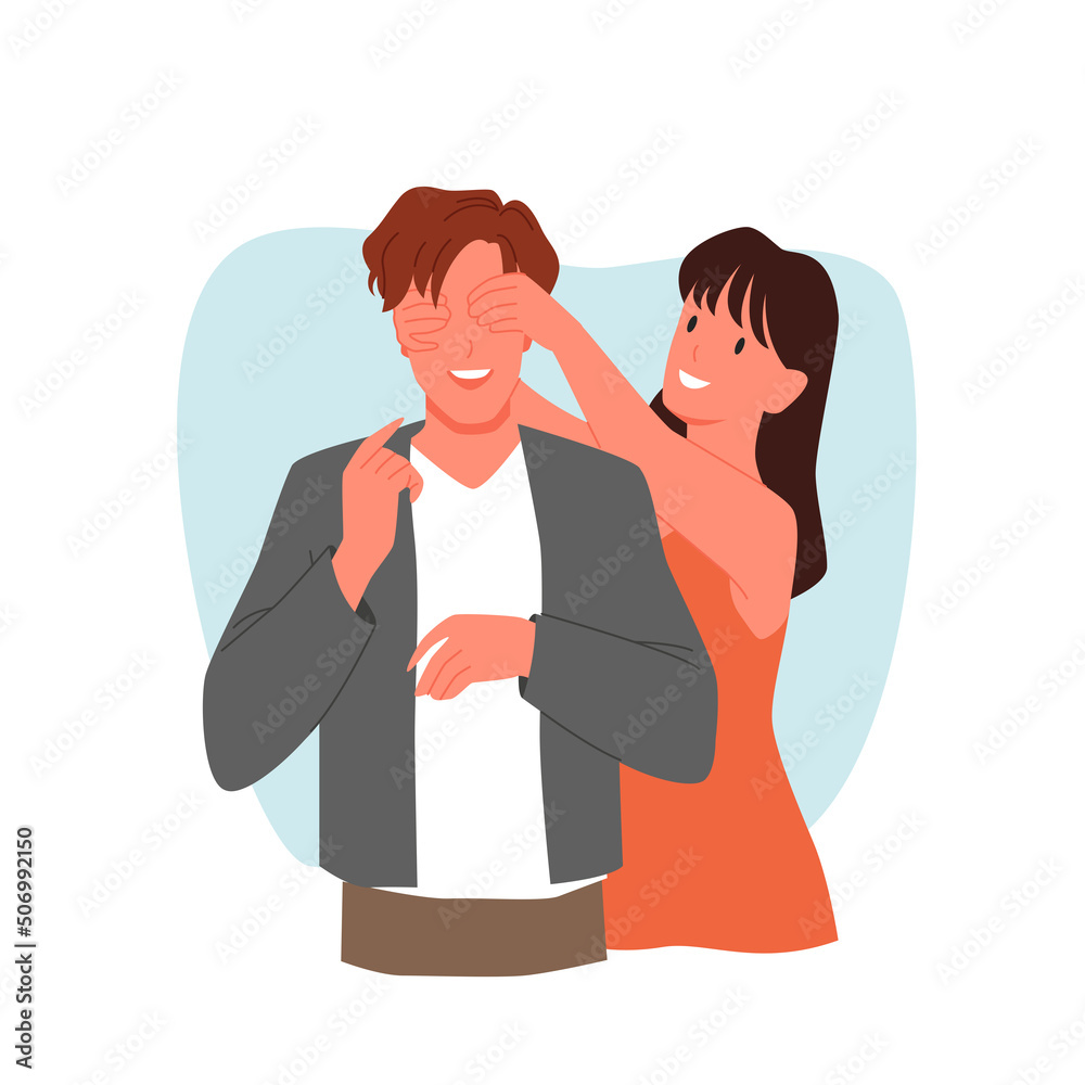 Surprise romantic meeting of two happy people vector illustration. Cartoon young woman closing eyes of surprised man with hands, cute couple of female and male characters on dating isolated on white Surprise romantic meeting of two happy people vector illustration. Cartoon young woman closing eyes of surprised man with hands, cute couple of female and male characters on dating isolated on white