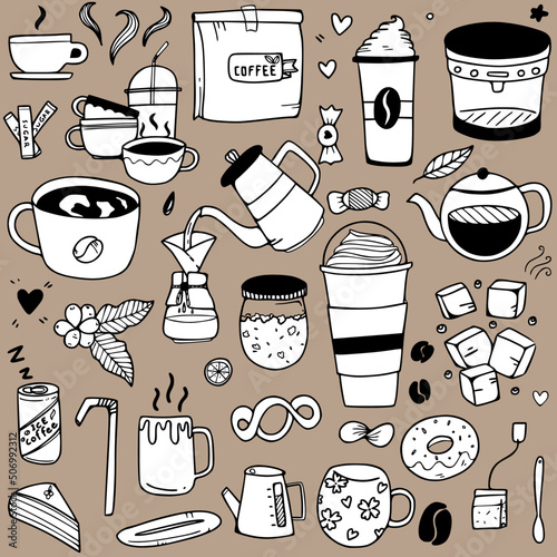 Cute coffee accessories, coffee bean, cup and maker collection vector design 
