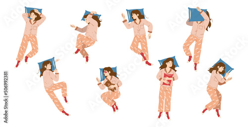 Woman sleep on pillow in different poses top view. Vector illustration of various positions for night relax with sleeper girl in pyjama and mask lying on side, back and stomach photo