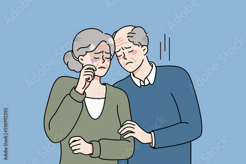 Unhappy elderly man and woman cuddle feel sad and lonely on maturity. Upset lonely mature couple crying mourning or grieving. Senior grandparents in despair. Vector illustration. 