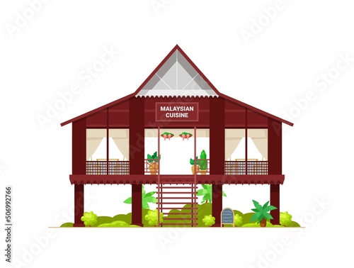 Malaysian cuisine restaurant building icon, Asian food place architecture, vector. Malay food bar or restaurant facade and gourmet bistro with terrace bar, Malaysia authentic house