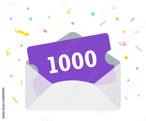 letter of thanks and a 1,000point discount coupon illustration set. present, card, pay, shop. Vector drawing. Hand drawn style.